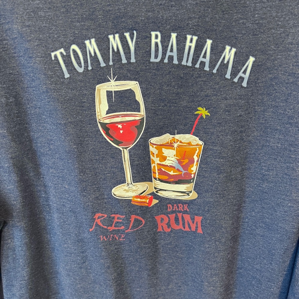 Tommy Bahama Mens XXL Blue Long Sleeve Tee Red Rum Wine Graphic T-Shirt